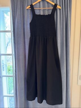 Everlane Black Smocked Midi Dress with Wide Straps and Pockets